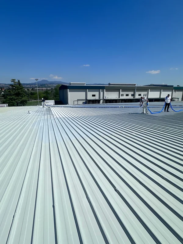 Team con attrezzatura a spruzzo su copertura industriale in lamiera grecata, con zone di aspetto diverso.