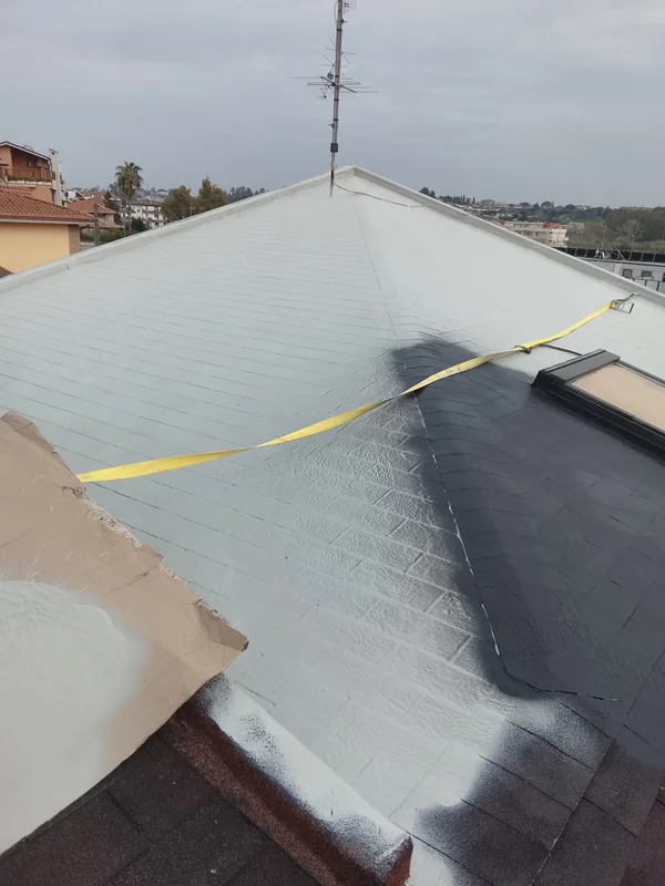 Copertura inclinata con lucernario, antenna e porzioni di superficie trattate e non ancora rivestite.