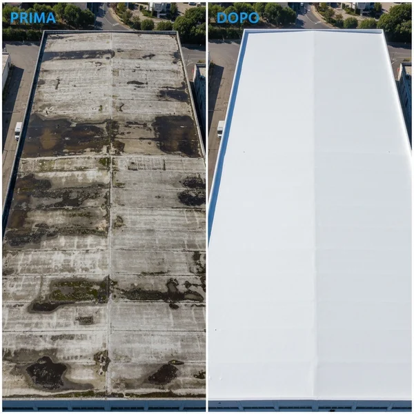 Confronto fotografico fornito da Polyisoroma: copertura prima dell’intervento e superficie con rivestimento chiaro dopo l’intervento.