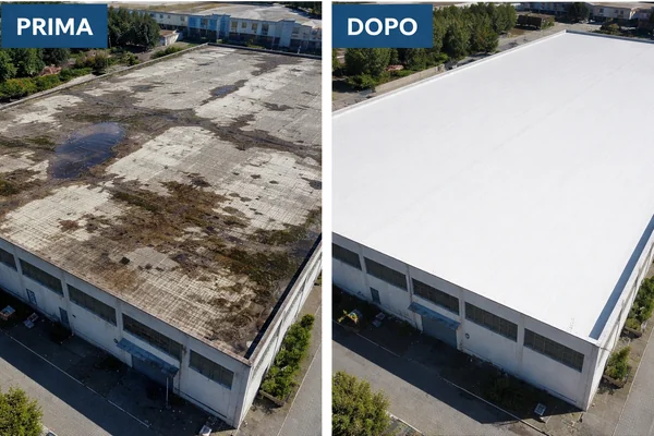 Confronto fotografico prima e dopo fornito da Polyisoroma: vista aerea della copertura dell’edificio.